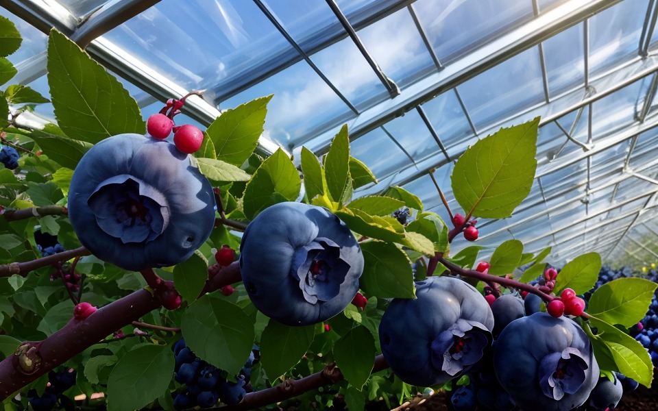 Blueberries ripening under solar glass